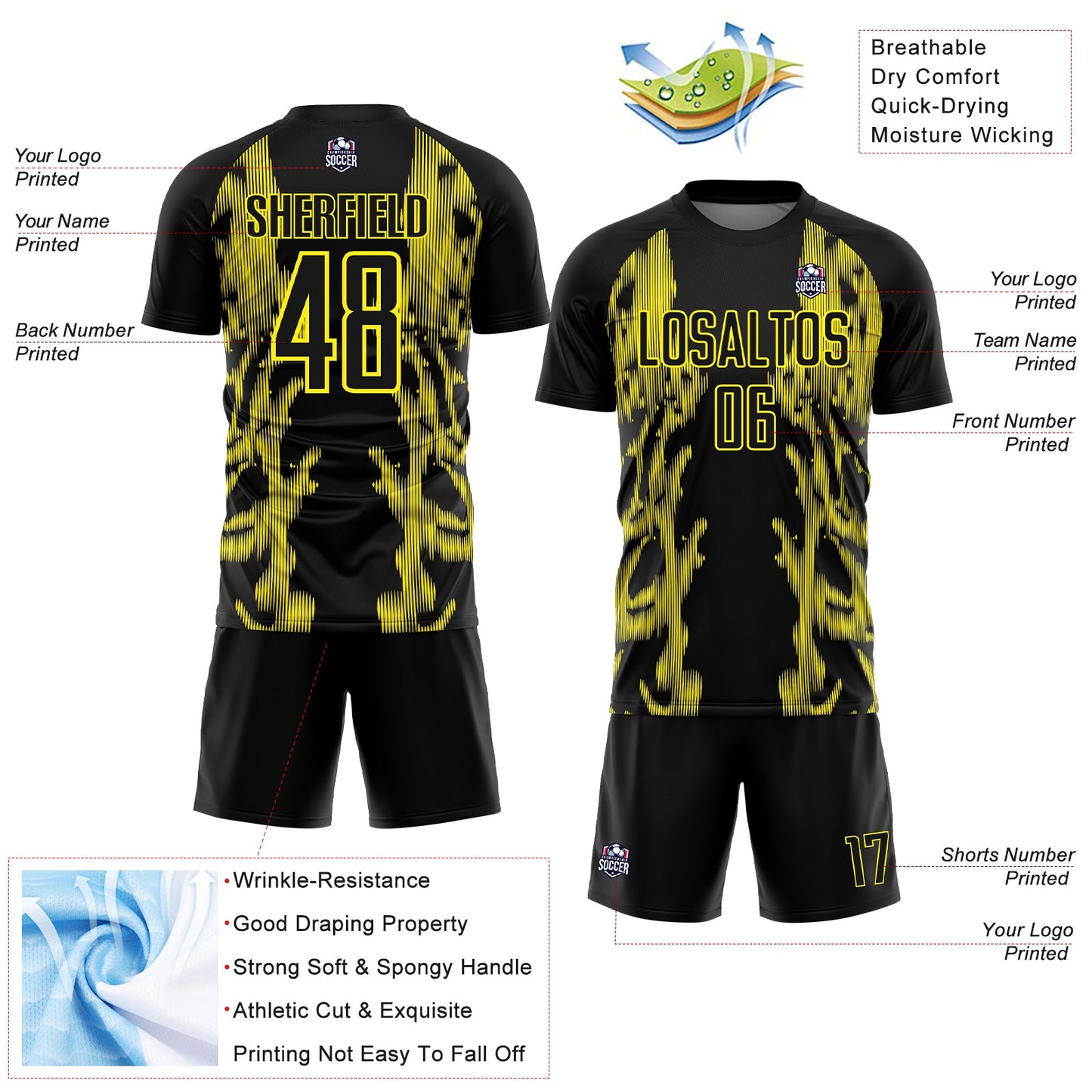 Custom Black Light Yellow Brasil Digital Lines Sublimation Soccer Uniform Jersey view 4