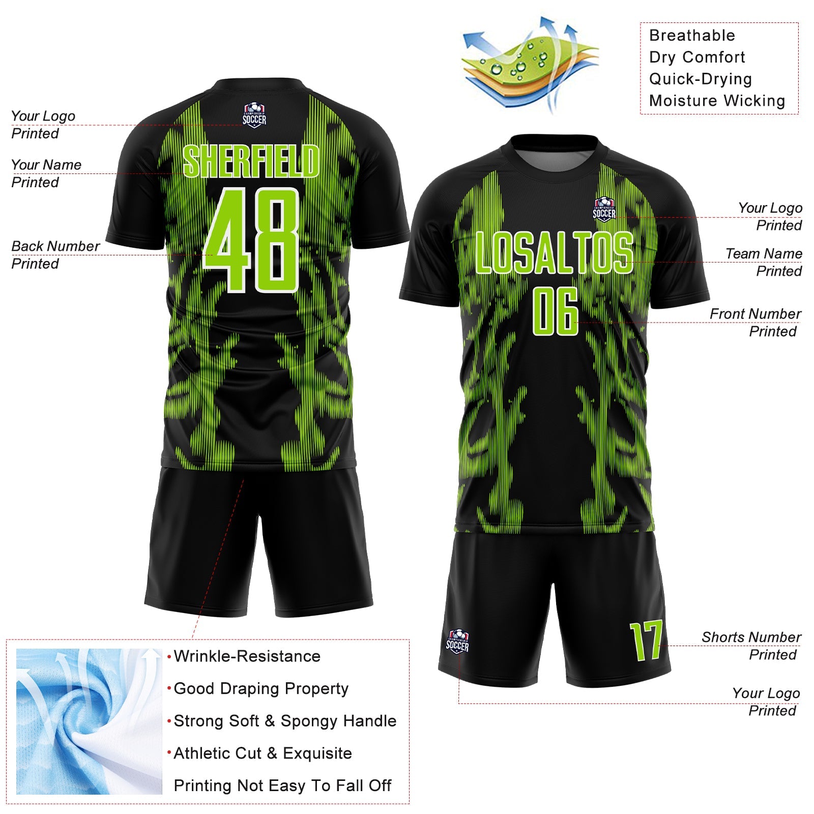 Custom Black Neon Green-White Brasil Digital Lines Sublimation Soccer Uniform Jersey view 4