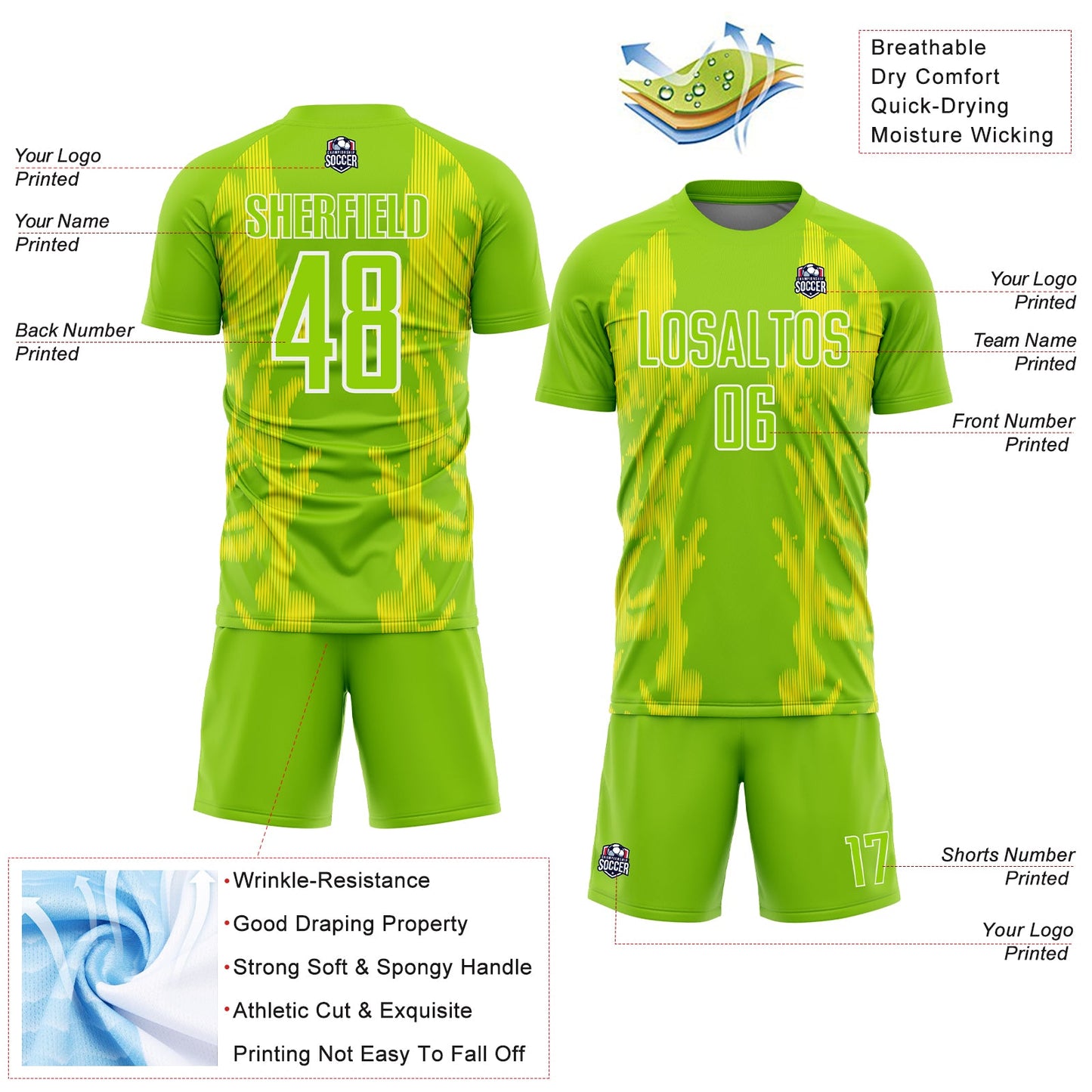 Custom Neon Green Light Yellow-White Brasil Digital Lines Sublimation Soccer Uniform Jersey view 4