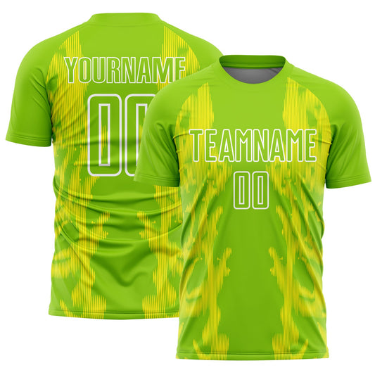 Custom Neon Green Light Yellow-White Brasil Digital Lines Sublimation Soccer Uniform Jersey - Main View
