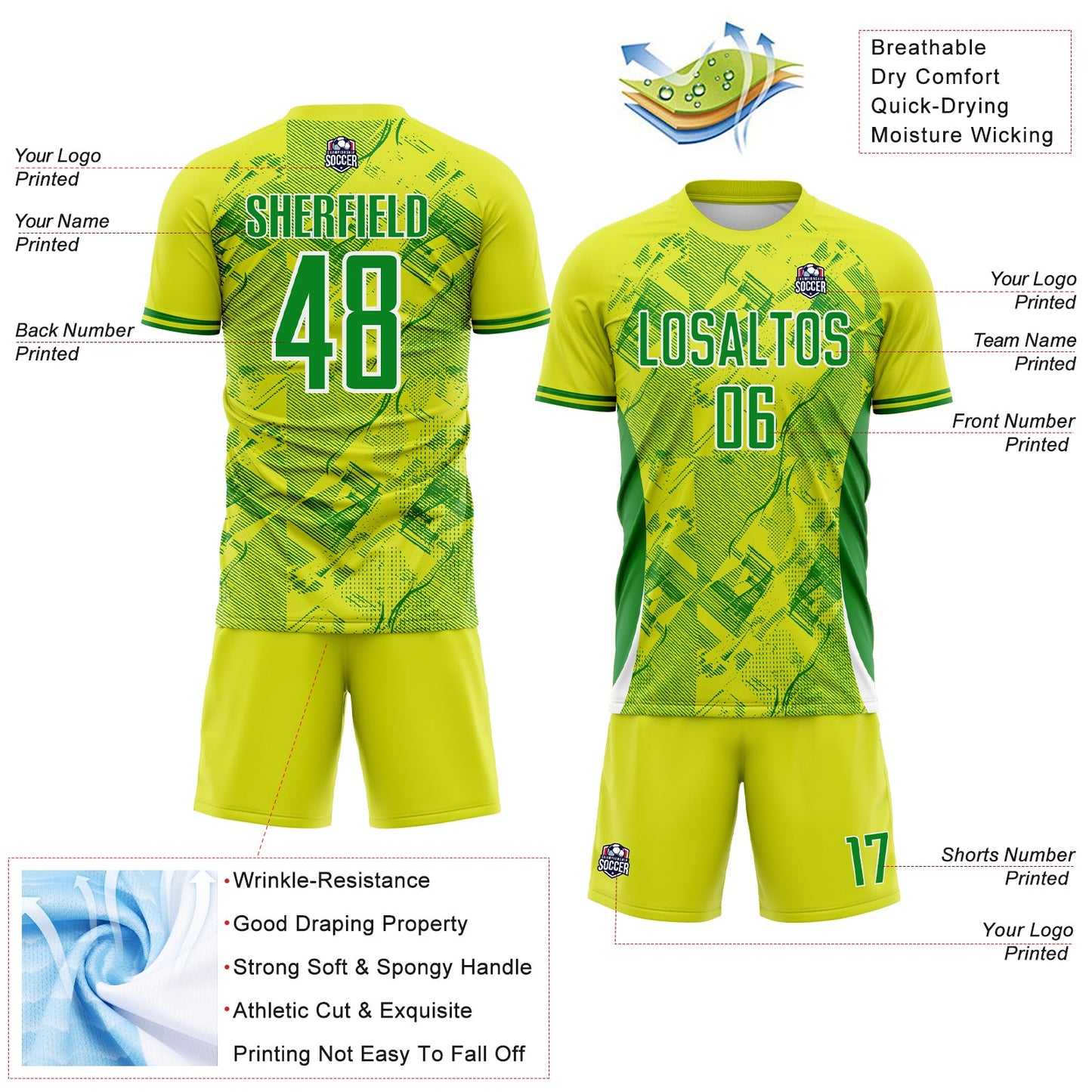 Custom Neon Yellow Grass Green-White Brasil Digital Lines Sublimation Soccer Uniform Jersey view 4