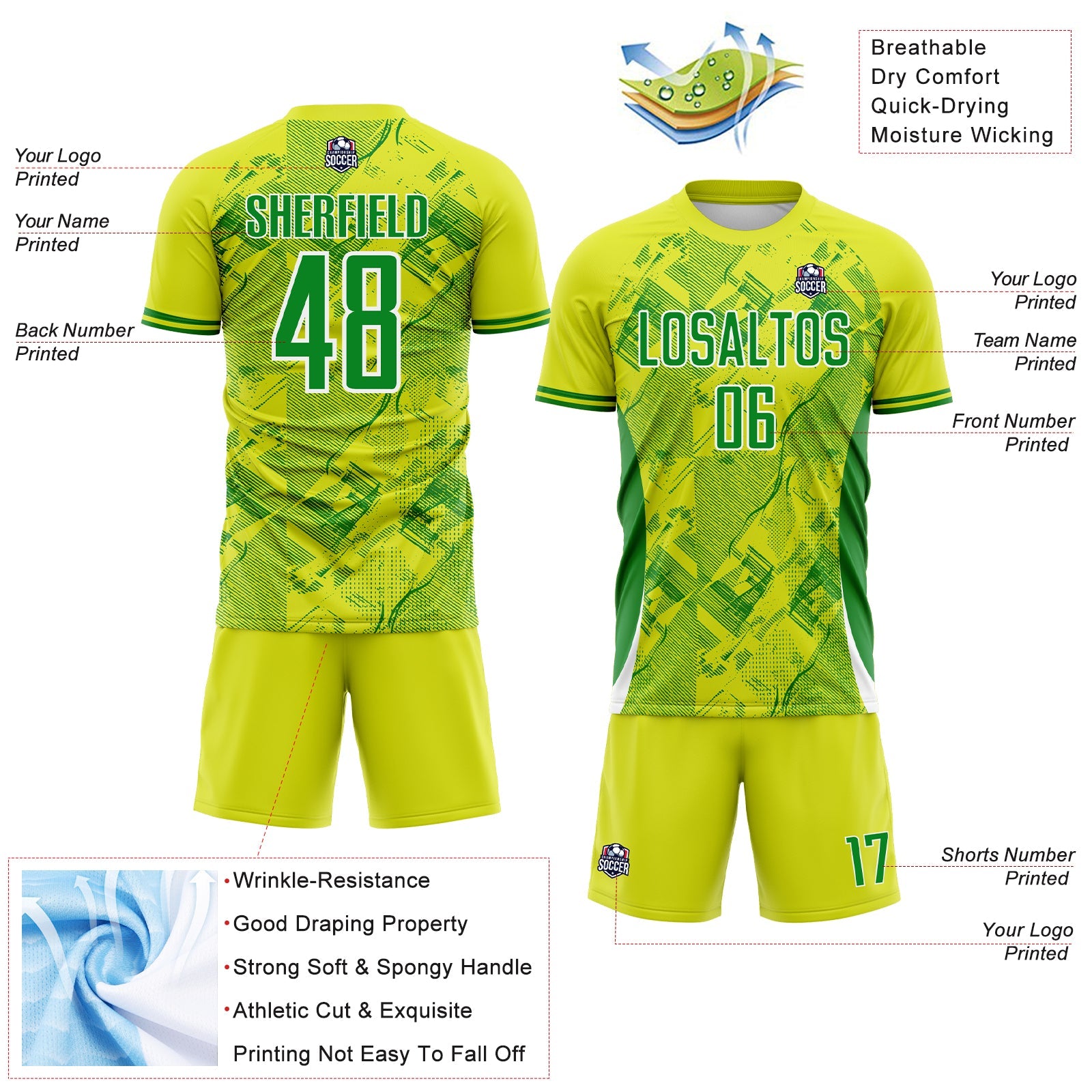 Custom Neon Yellow Grass Green-White Brasil Digital Lines Sublimation Soccer Uniform Jersey view 4