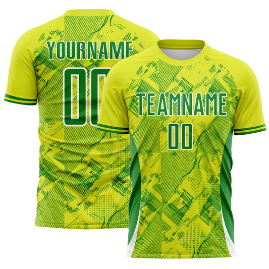 Custom Neon Yellow Grass Green-White Brasil Digital Lines Sublimation Soccer Uniform Jersey - Main View
