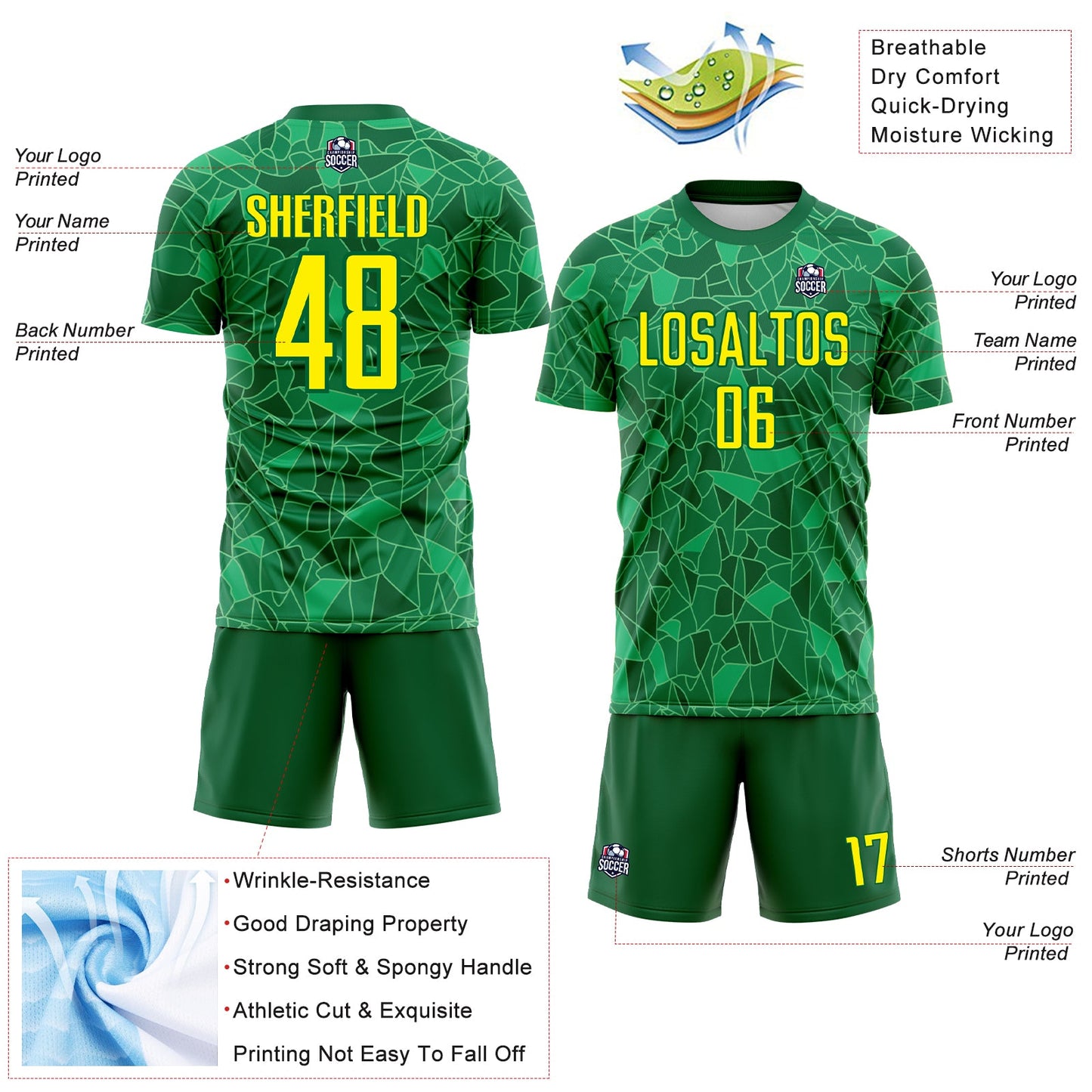 Custom Green Light Yellow Brasil Geometric Fragment Sublimation Soccer Uniform Jersey view 4