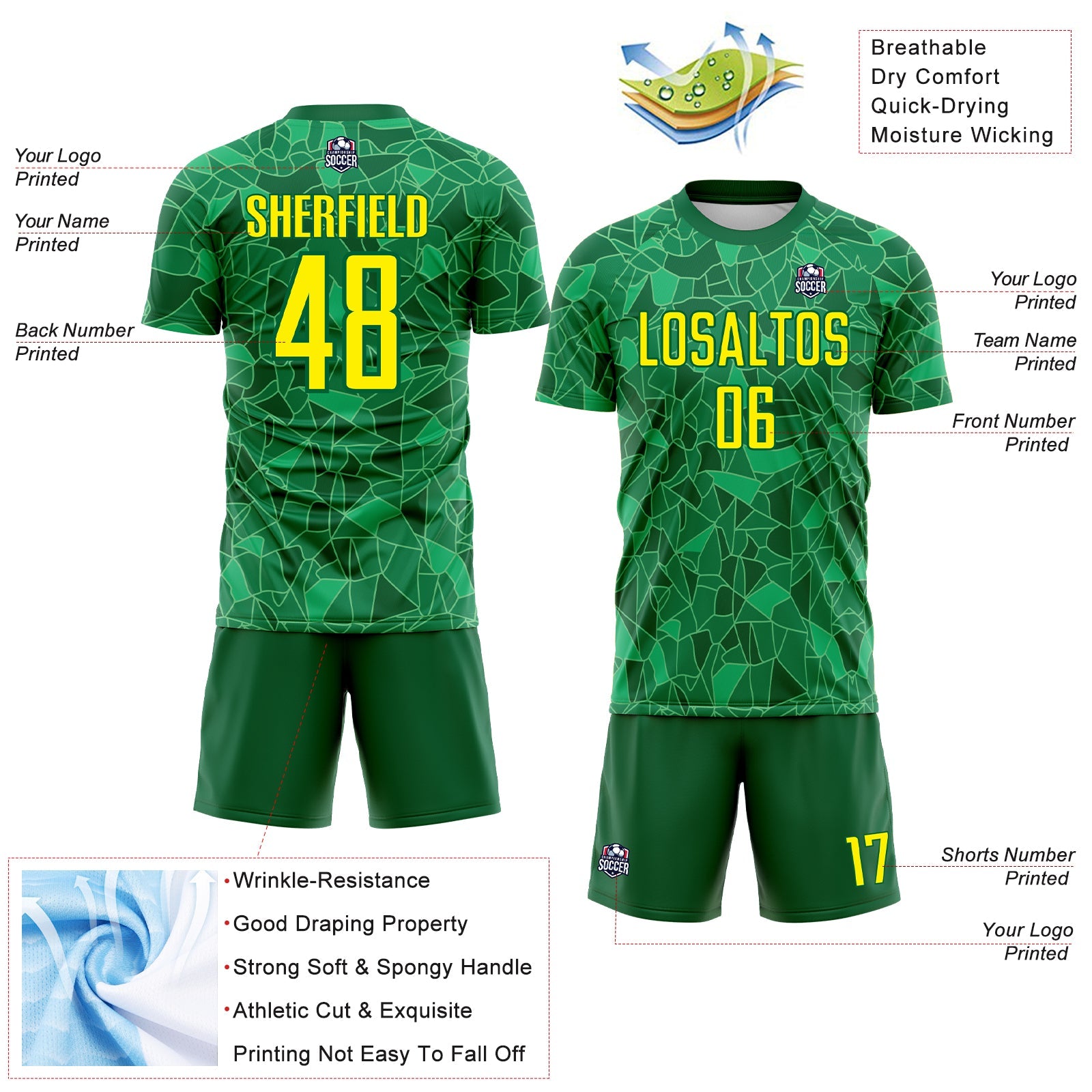 Custom Green Light Yellow Brasil Geometric Fragment Sublimation Soccer Uniform Jersey view 4
