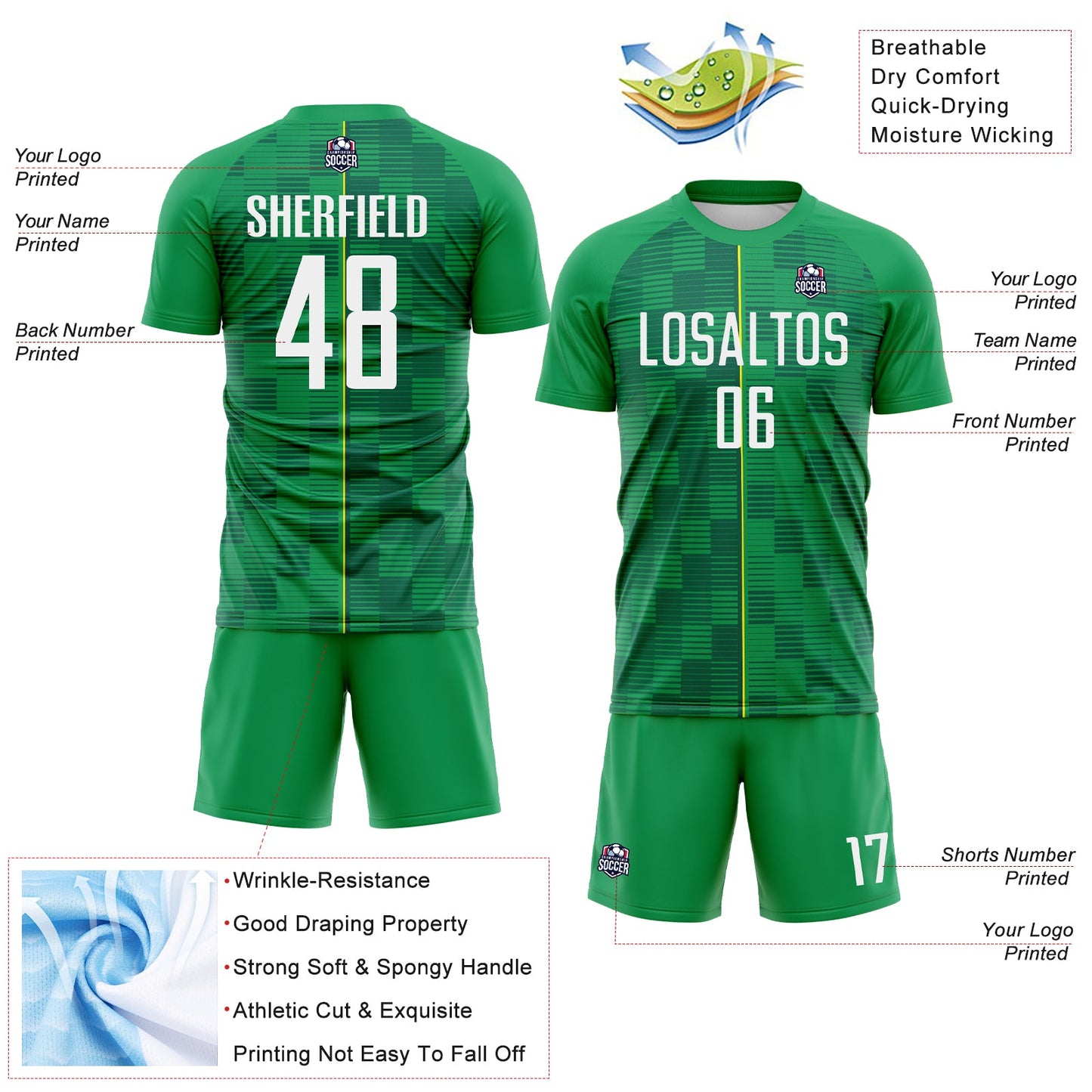 Custom Green White-Light Yellow Brasil Digital Lines Sublimation Soccer Uniform Jersey view 4