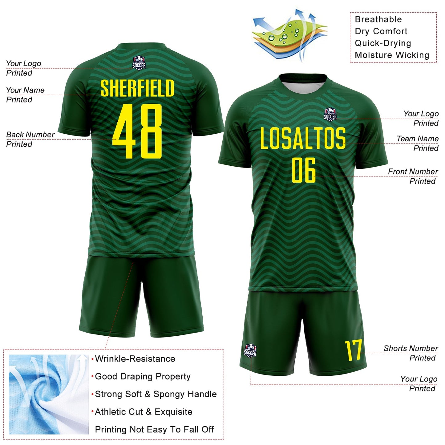 Custom Green Light Yellow Brasil Wave Sublimation Soccer Uniform Jersey view 4