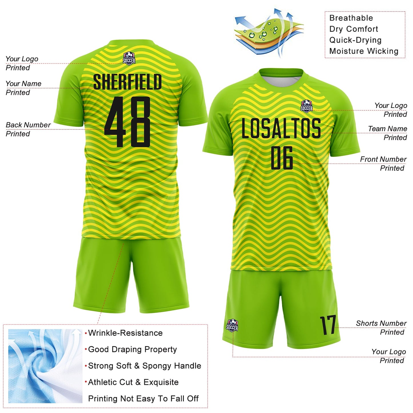 Custom Green Black-Light Yellow Brasil Wave Sublimation Soccer Uniform Jersey view 4