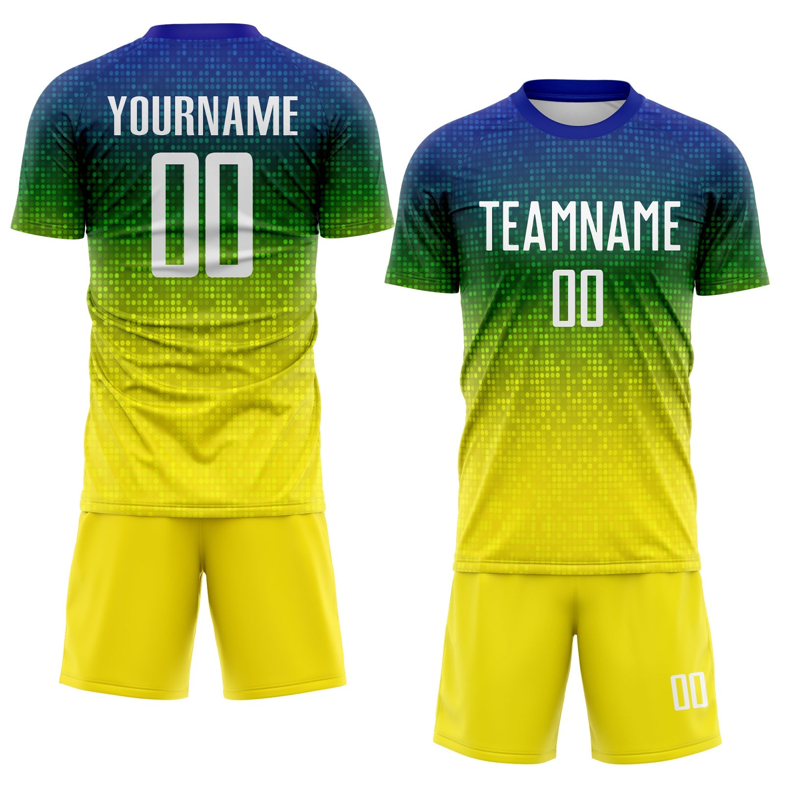 Custom Blue White Green-Light Yellow Brasil Gradient Dot Sublimation Soccer Uniform Jersey view 2