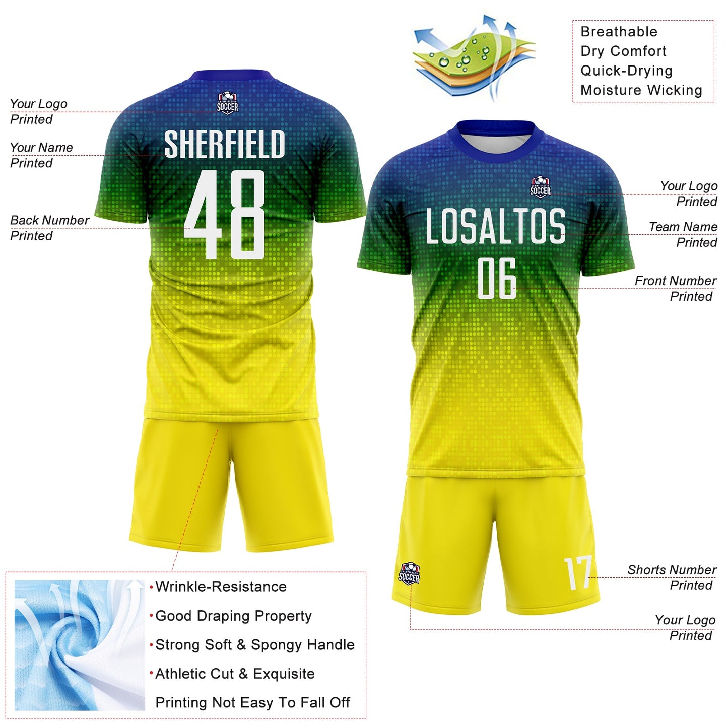 Custom Blue White Green-Light Yellow Brasil Gradient Dot Sublimation Soccer Uniform Jersey view 4