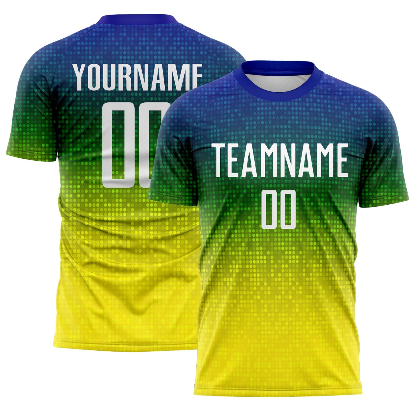 Custom Blue White Green-Light Yellow Brasil Gradient Dot Sublimation Soccer Uniform Jersey - Main View