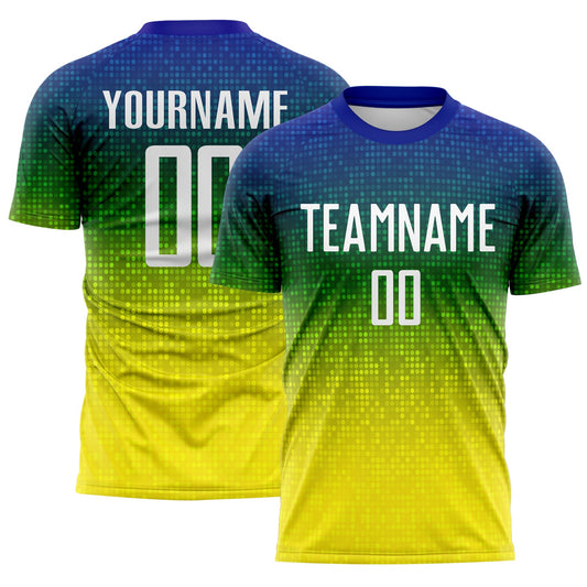 Custom Blue White Green-Light Yellow Brasil Gradient Dot Sublimation Soccer Uniform Jersey - Main View