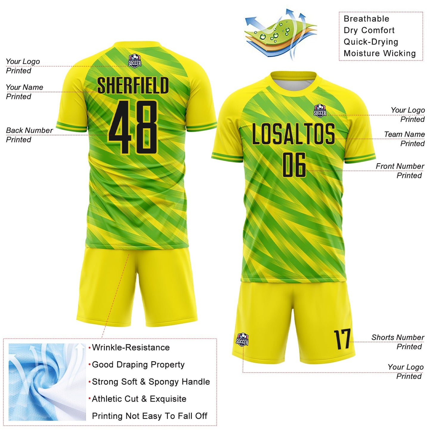 Custom Light Yellow Black-Green Brasil Brush Stroke Stripe Sublimation Soccer Uniform Jersey view 4