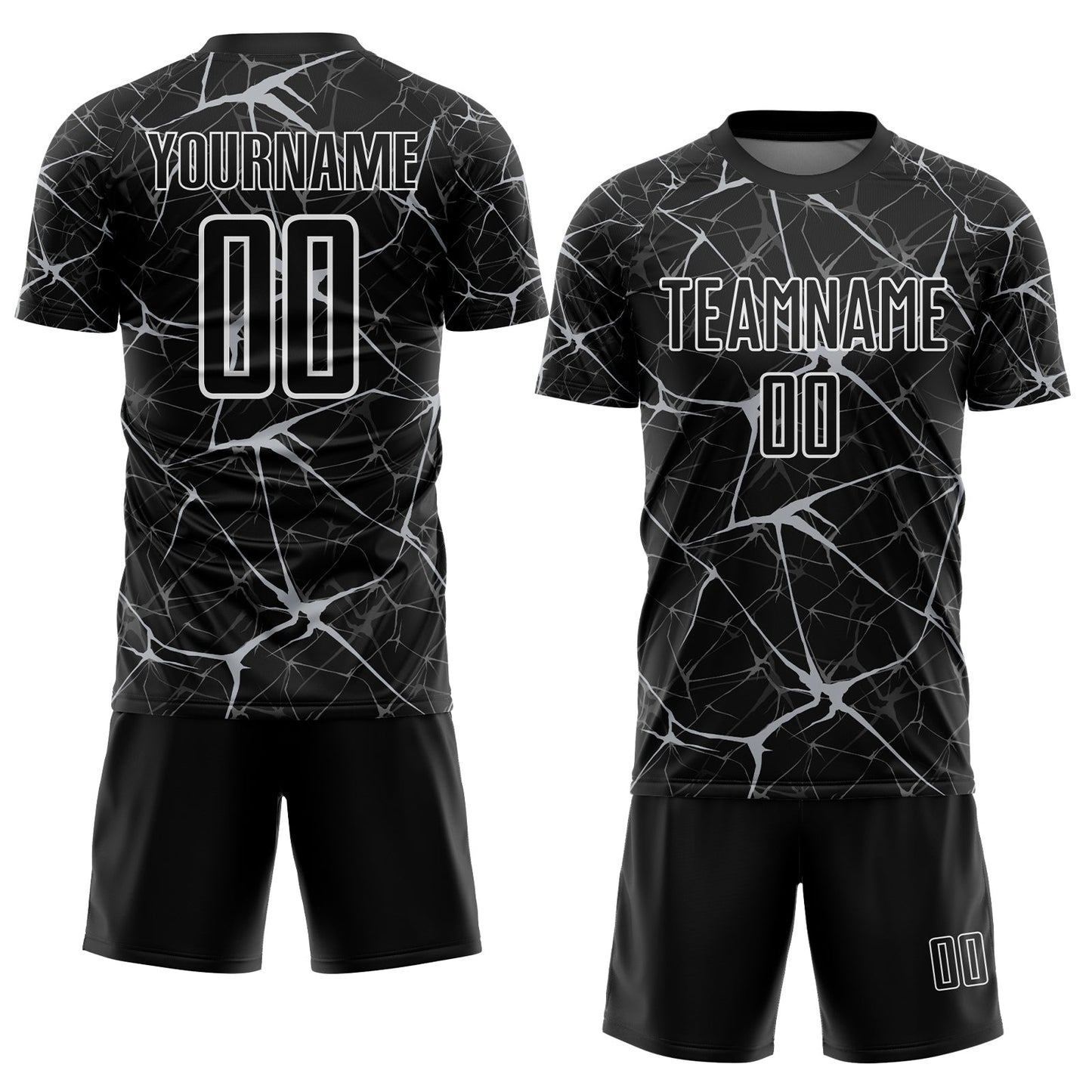 Custom Black Gray-White Abstract Network Crackle Sublimation Soccer Uniform Jersey view 2