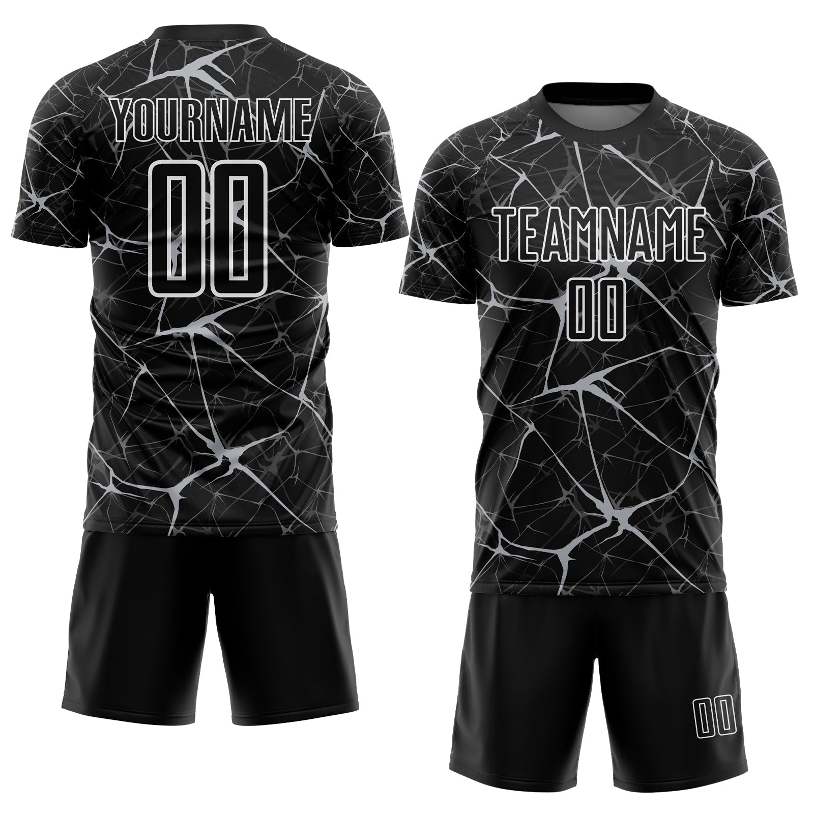 Custom Black Gray-White Abstract Network Crackle Sublimation Soccer Uniform Jersey view 2