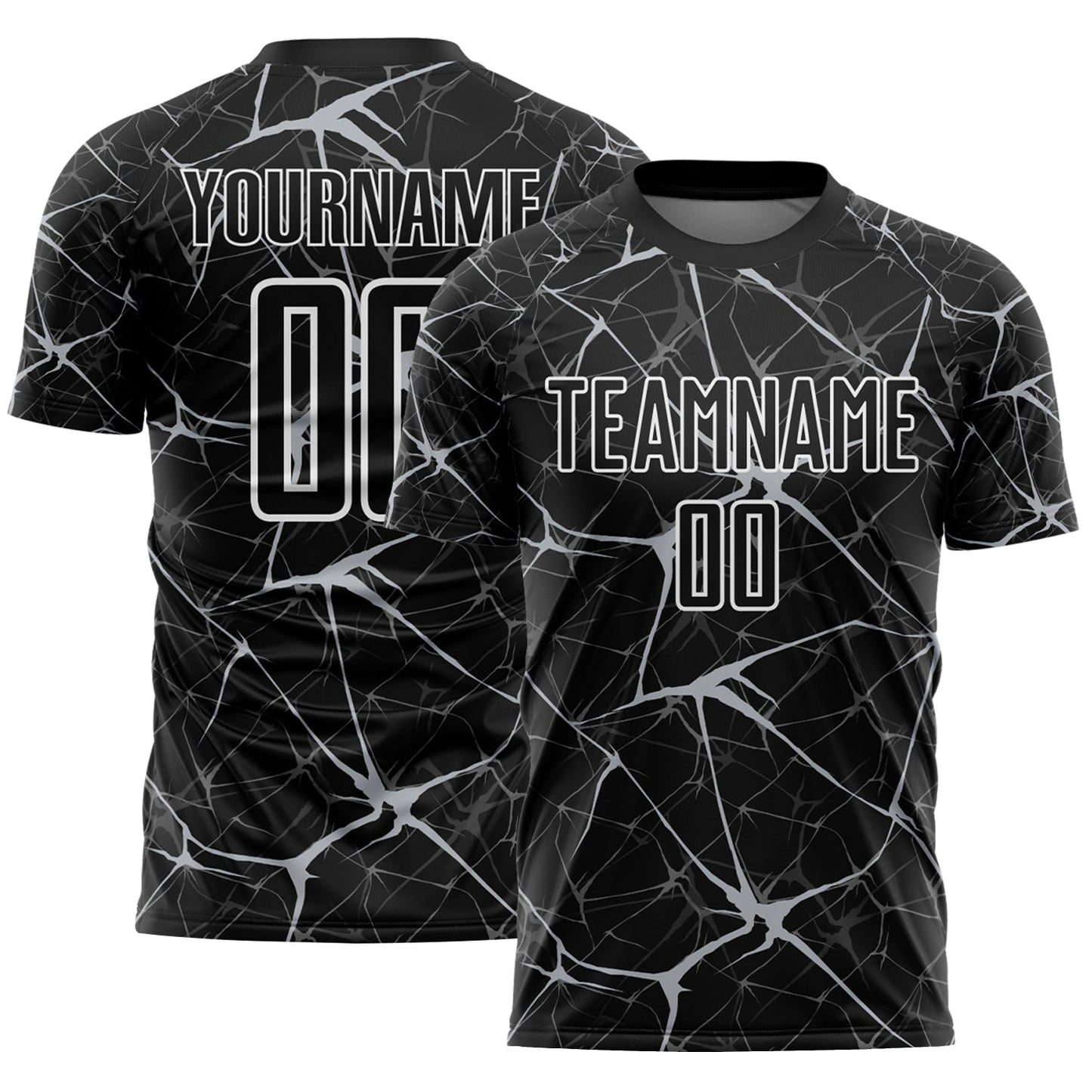 Custom Black Gray-White Abstract Network Crackle Sublimation Soccer Uniform Jersey - Main View