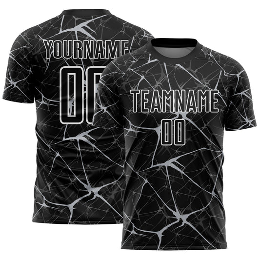 Custom Black Gray-White Abstract Network Crackle Sublimation Soccer Uniform Jersey - Main View