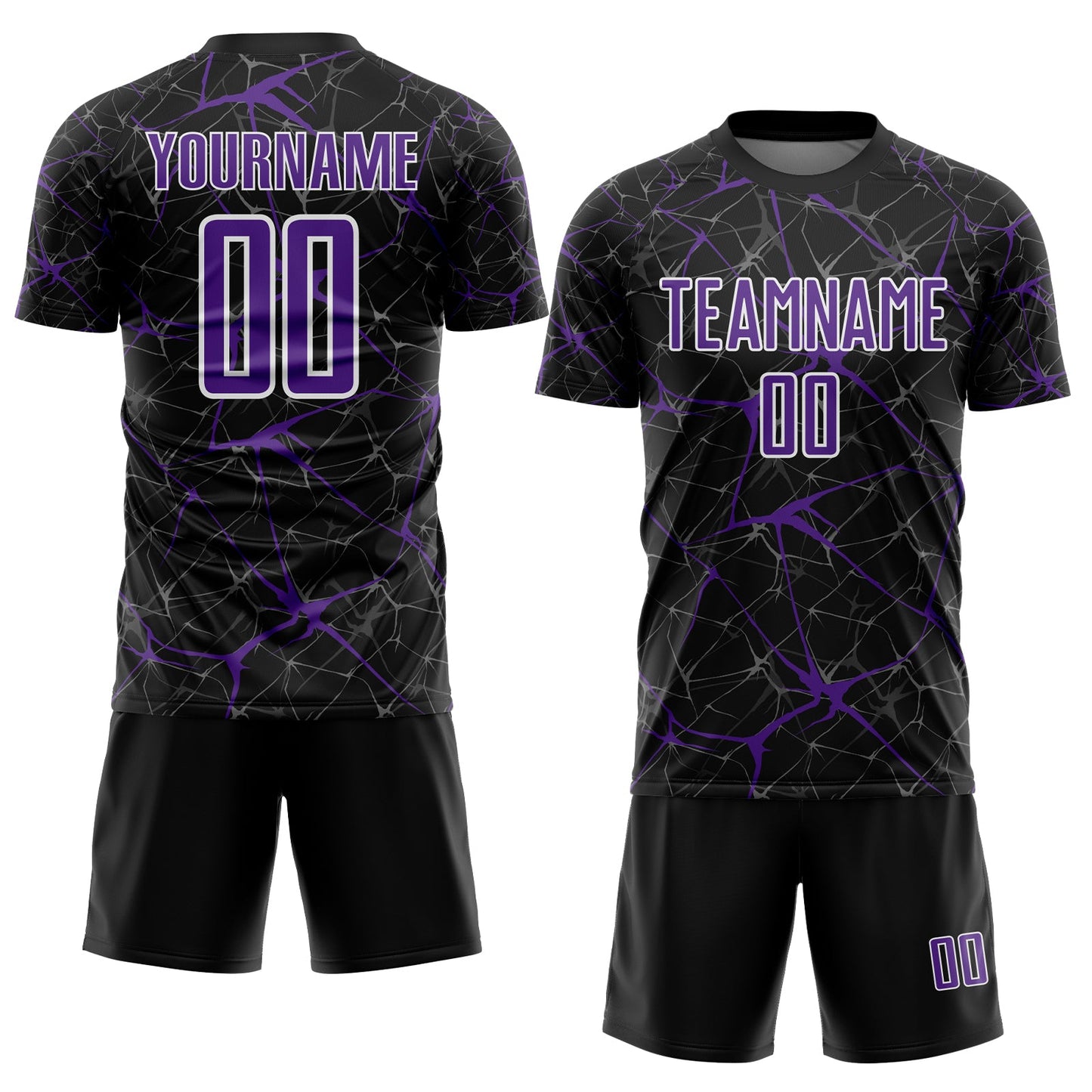 Custom Black Purple-White Abstract Network Crackle Sublimation Soccer Uniform Jersey view 2