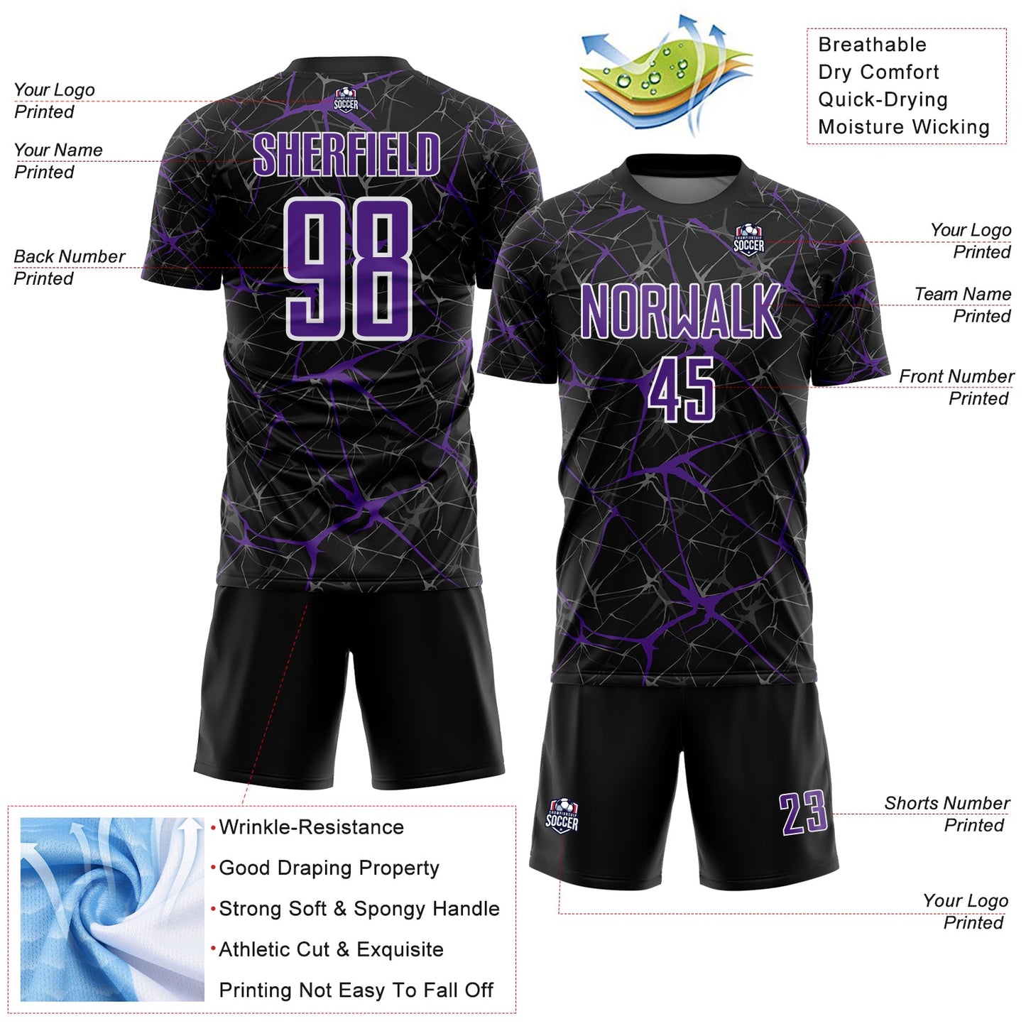 Custom Black Purple-White Abstract Network Crackle Sublimation Soccer Uniform Jersey view 4