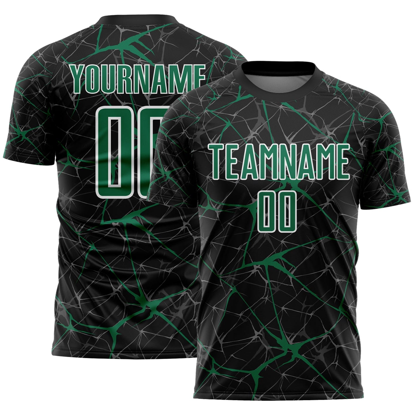 Custom Black Kelly Green-White Abstract Network Crackle Sublimation Soccer Uniform Jersey - Main View
