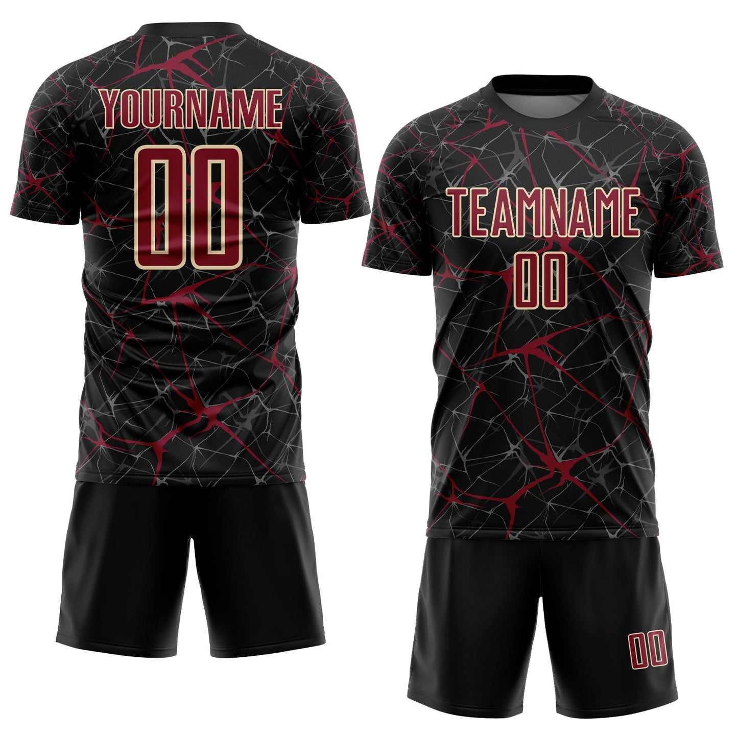 Custom Black Crimson-Cream Abstract Network Crackle Sublimation Soccer Uniform Jersey view 2