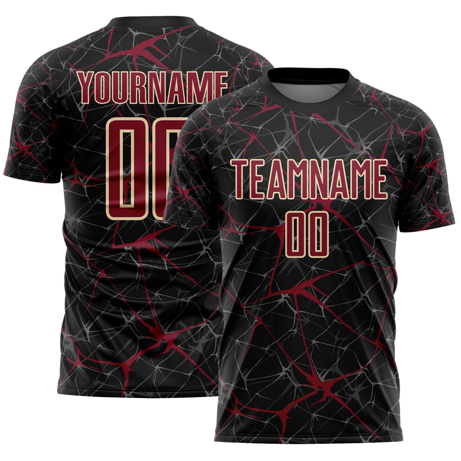 Custom Black Crimson-Cream Abstract Network Crackle Sublimation Soccer Uniform Jersey - Main View