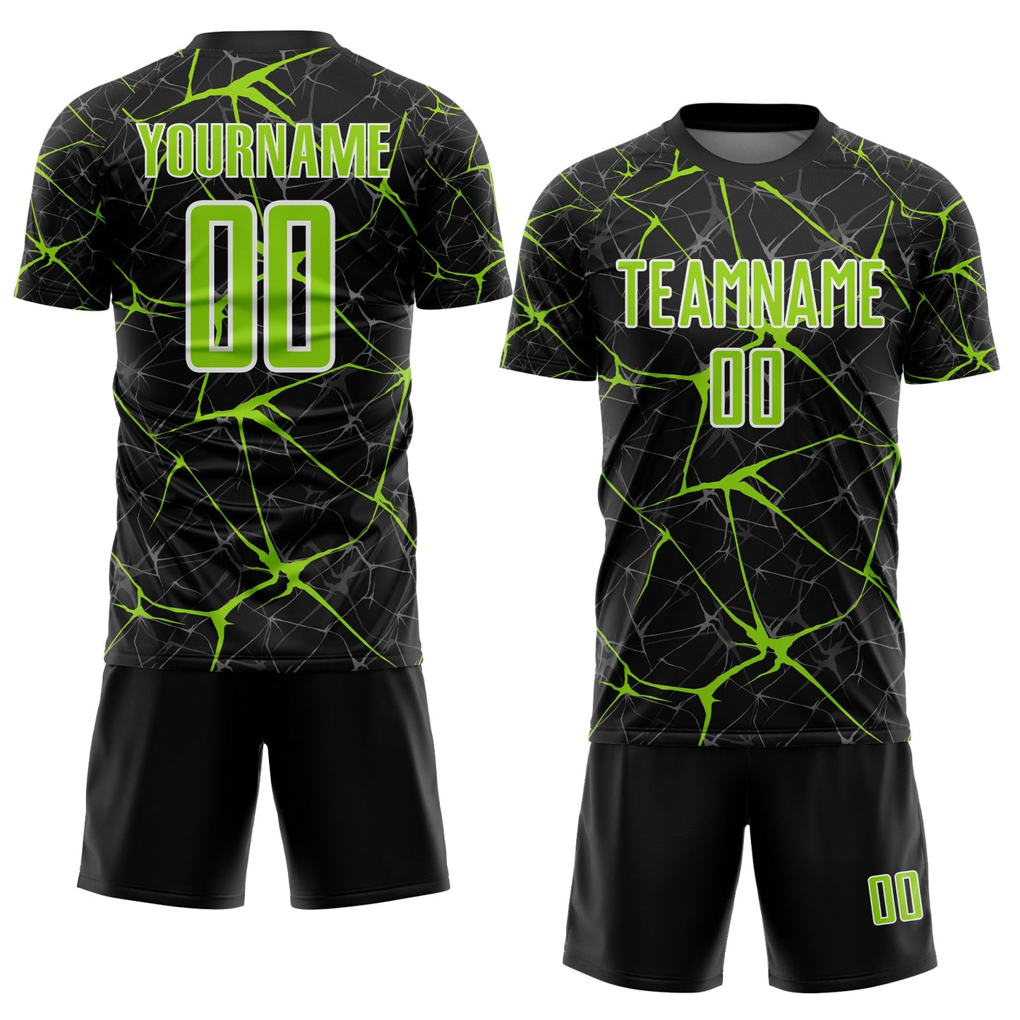 Custom Black Neon Green-White Abstract Network Crackle Sublimation Soccer Uniform Jersey view 2
