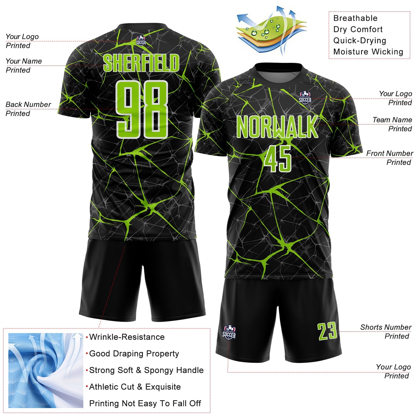 Custom Black Neon Green-White Abstract Network Crackle Sublimation Soccer Uniform Jersey view 4