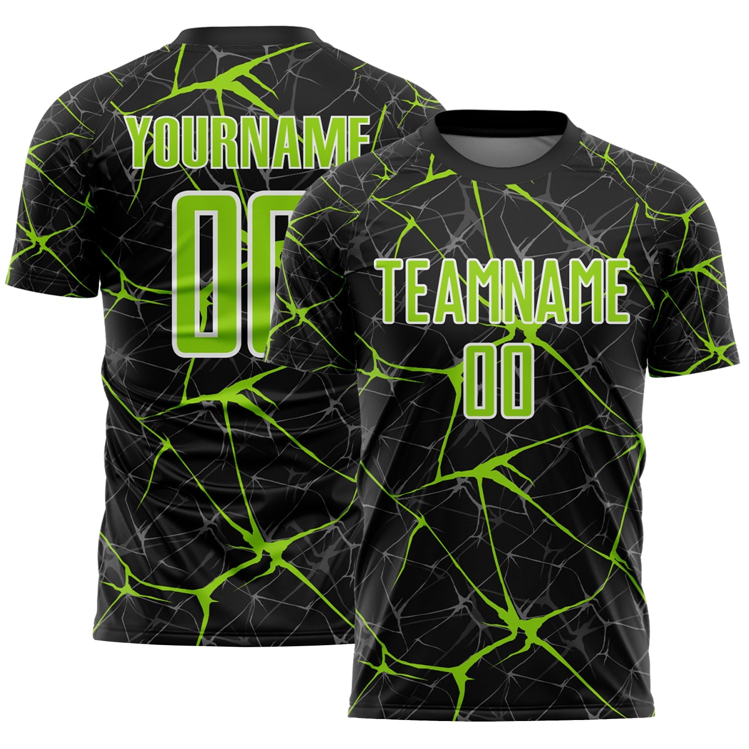 Custom Black Neon Green-White Abstract Network Crackle Sublimation Soccer Uniform Jersey - Main View