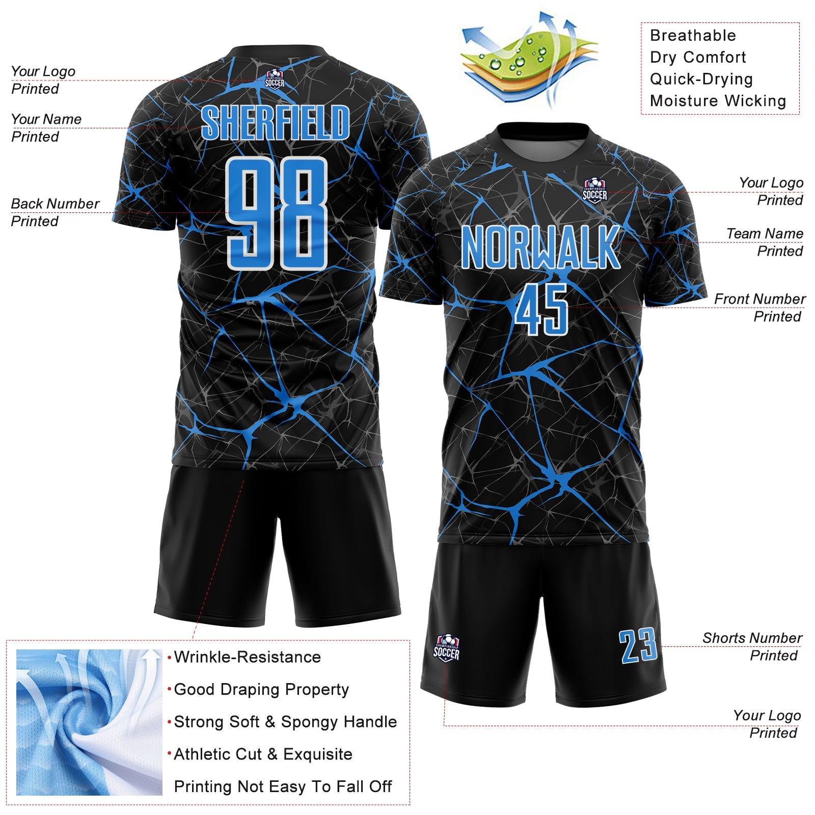 Custom Black Powder Blue-White Abstract Network Crackle Sublimation Soccer Uniform Jersey view 4
