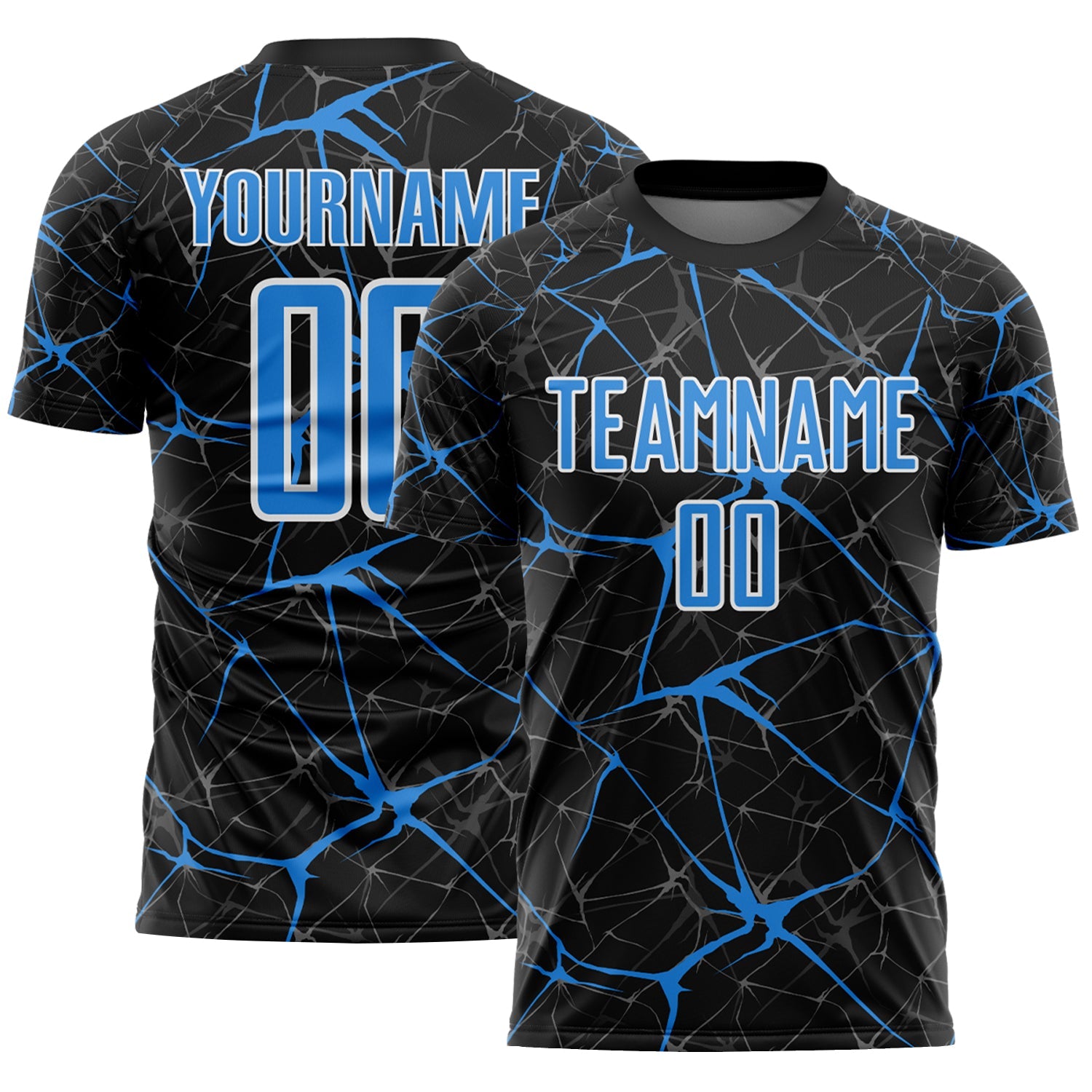 Custom Black Powder Blue-White Abstract Network Crackle Sublimation Soccer Uniform Jersey - Main View