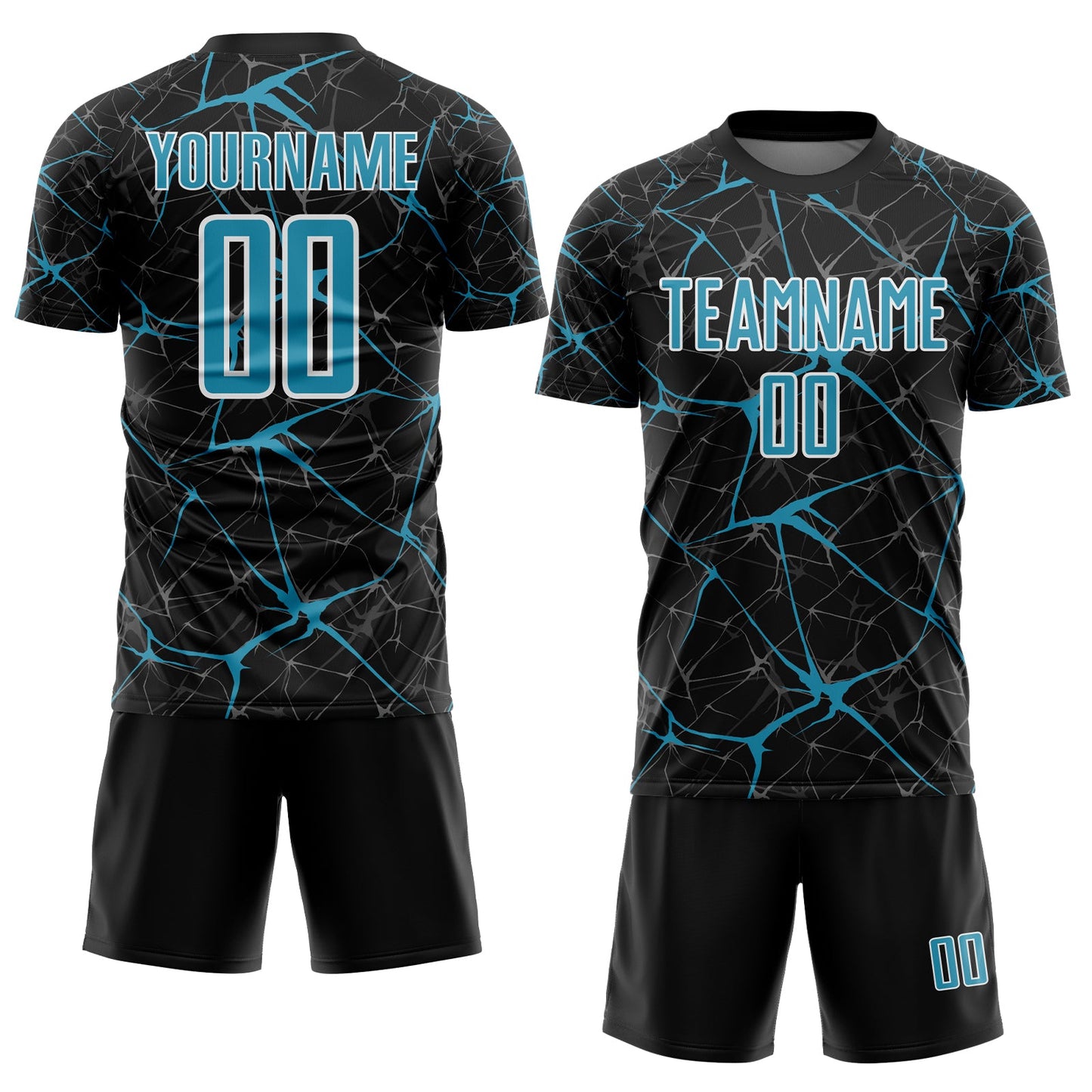 Custom Black Panther Blue-White Abstract Network Crackle Sublimation Soccer Uniform Jersey view 2
