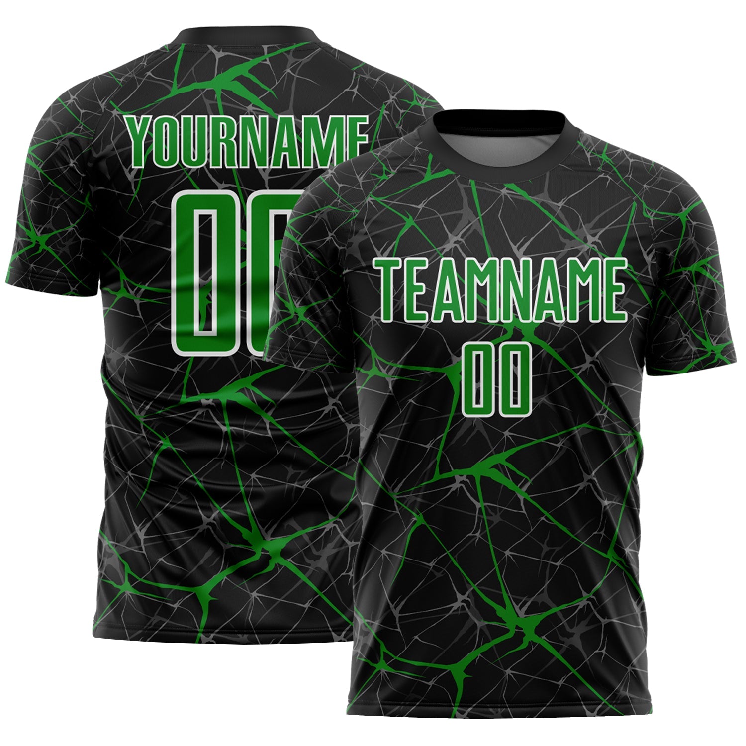 Custom Black Grass Green-White Abstract Network Crackle Sublimation Soccer Uniform Jersey - Main View