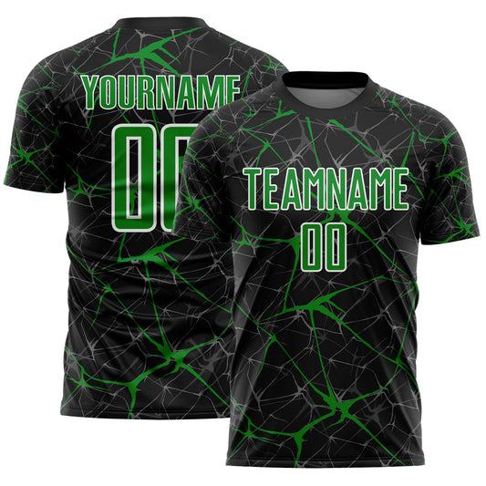 Custom Black Grass Green-White Abstract Network Crackle Sublimation Soccer Uniform Jersey - Main View