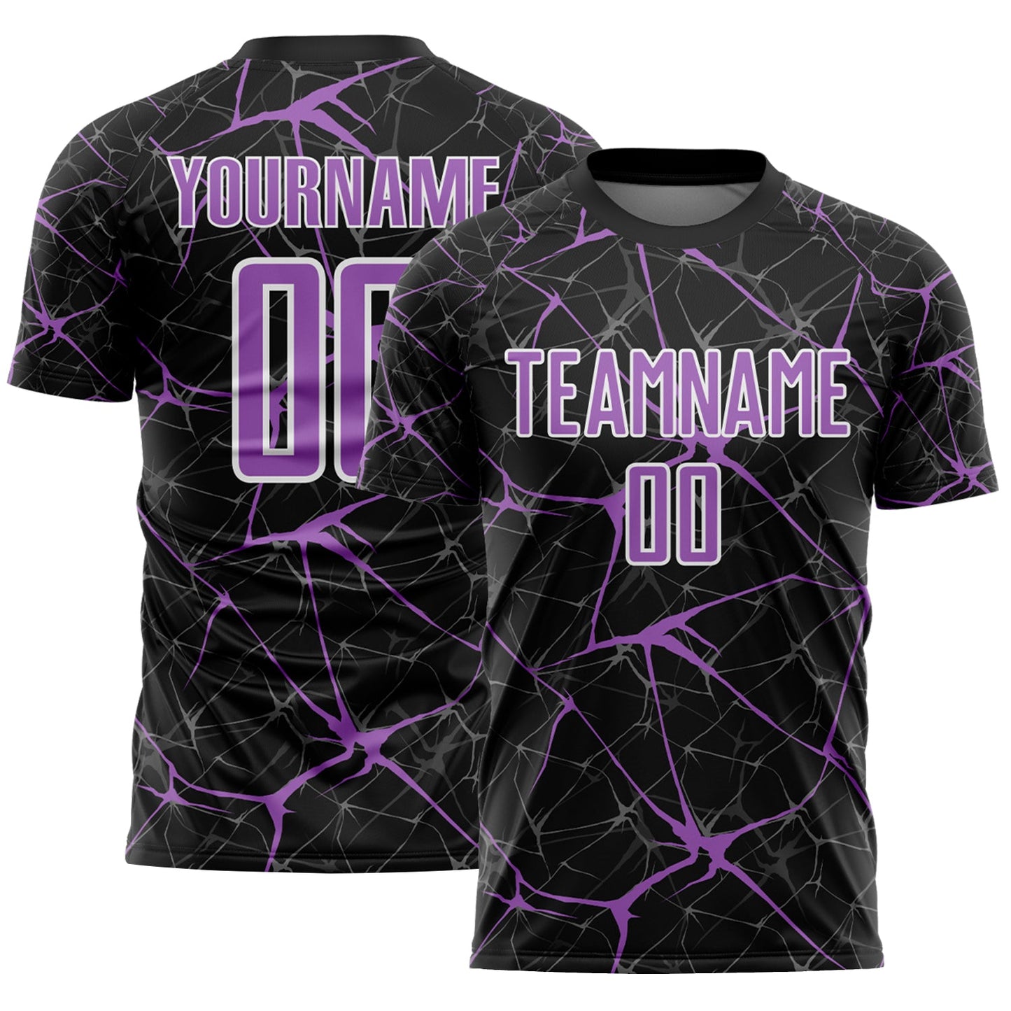 Custom Black Medium Purple-White Abstract Network Crackle Sublimation Soccer Uniform Jersey - Main View