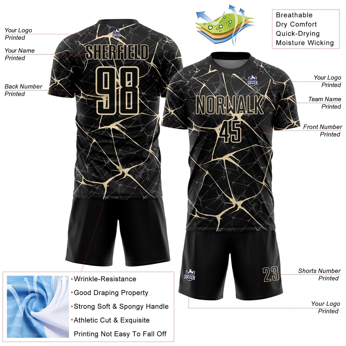 Custom Black-Cream Abstract Network Crackle Sublimation Soccer Uniform Jersey view 4