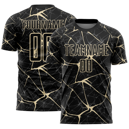 Custom Black-Cream Abstract Network Crackle Sublimation Soccer Uniform Jersey - Main View