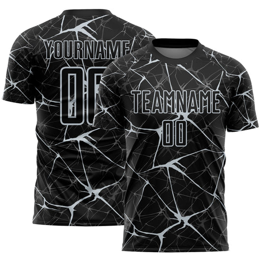 Custom Black-Silver Abstract Network Crackle Sublimation Soccer Uniform Jersey - Main View