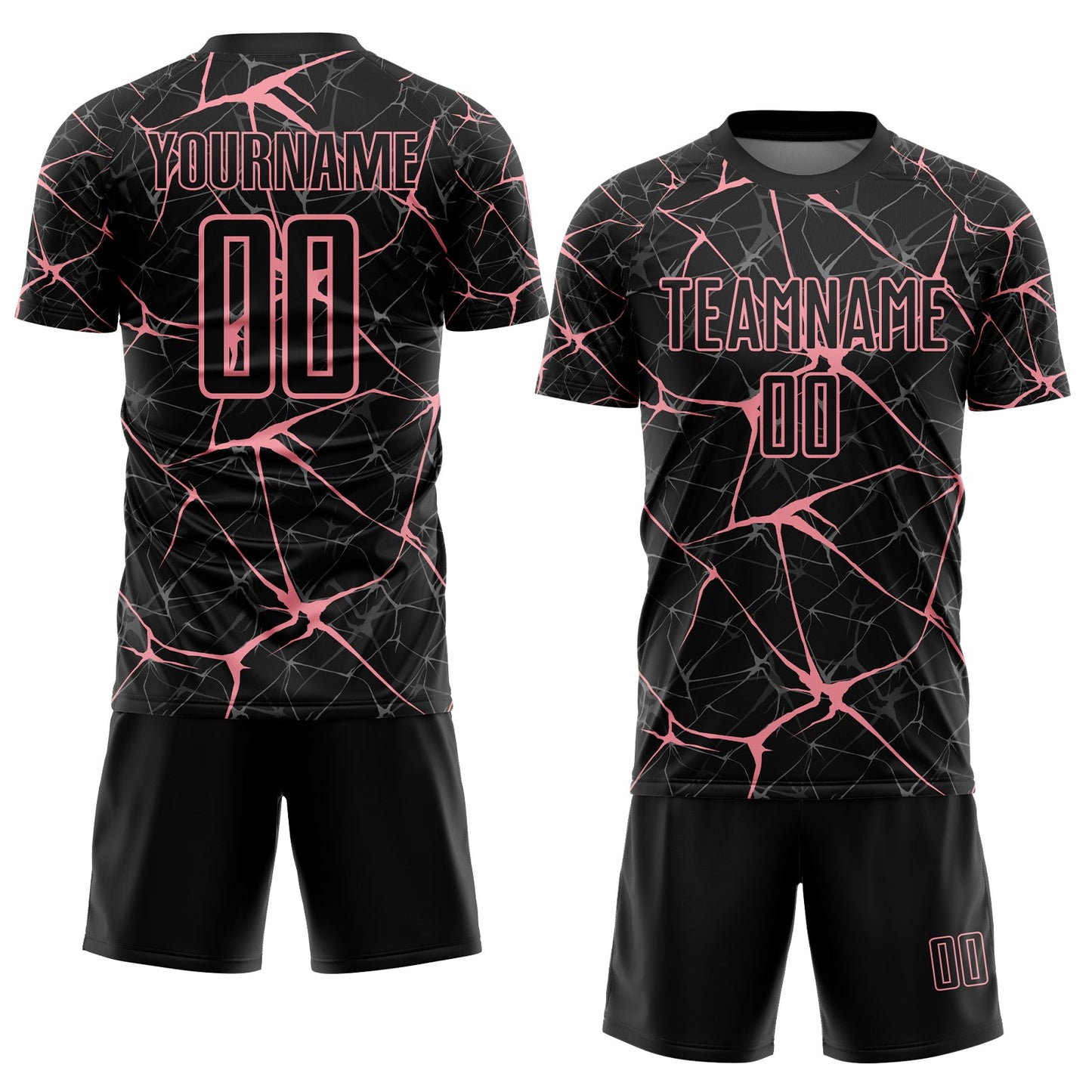 Custom Black-Medium Pink Abstract Network Crackle Sublimation Soccer Uniform Jersey view 2