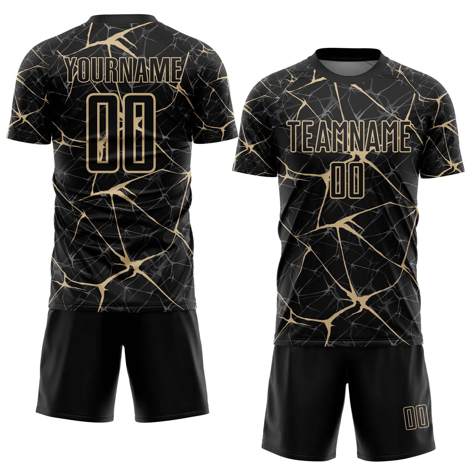 Custom Black-Vegas Gold Abstract Network Crackle Sublimation Soccer Uniform Jersey view 2