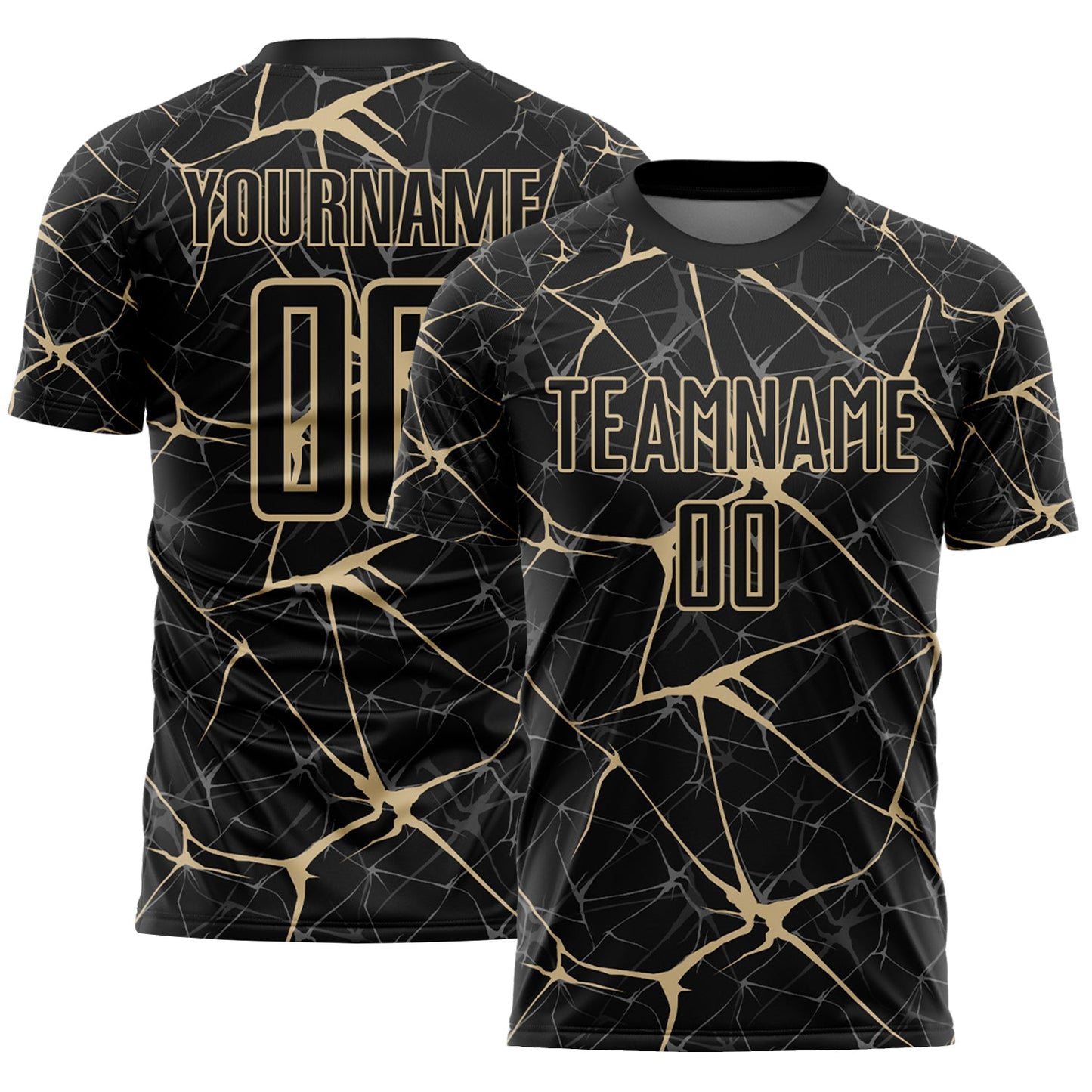 Custom Black-Vegas Gold Abstract Network Crackle Sublimation Soccer Uniform Jersey - Main View