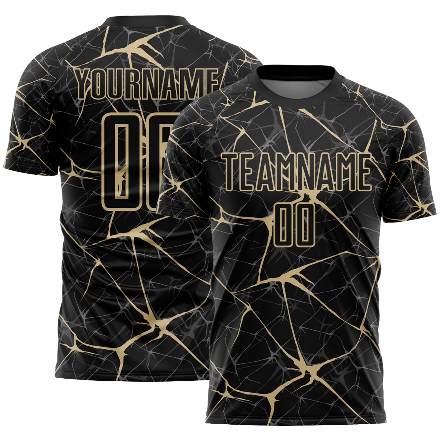 Custom Black-Vegas Gold Abstract Network Crackle Sublimation Soccer Uniform Jersey - Main View