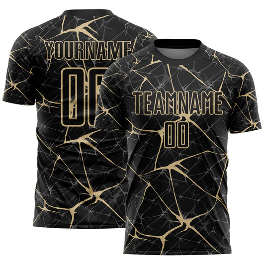 Custom Black-Vegas Gold Abstract Network Crackle Sublimation Soccer Uniform Jersey - Main View