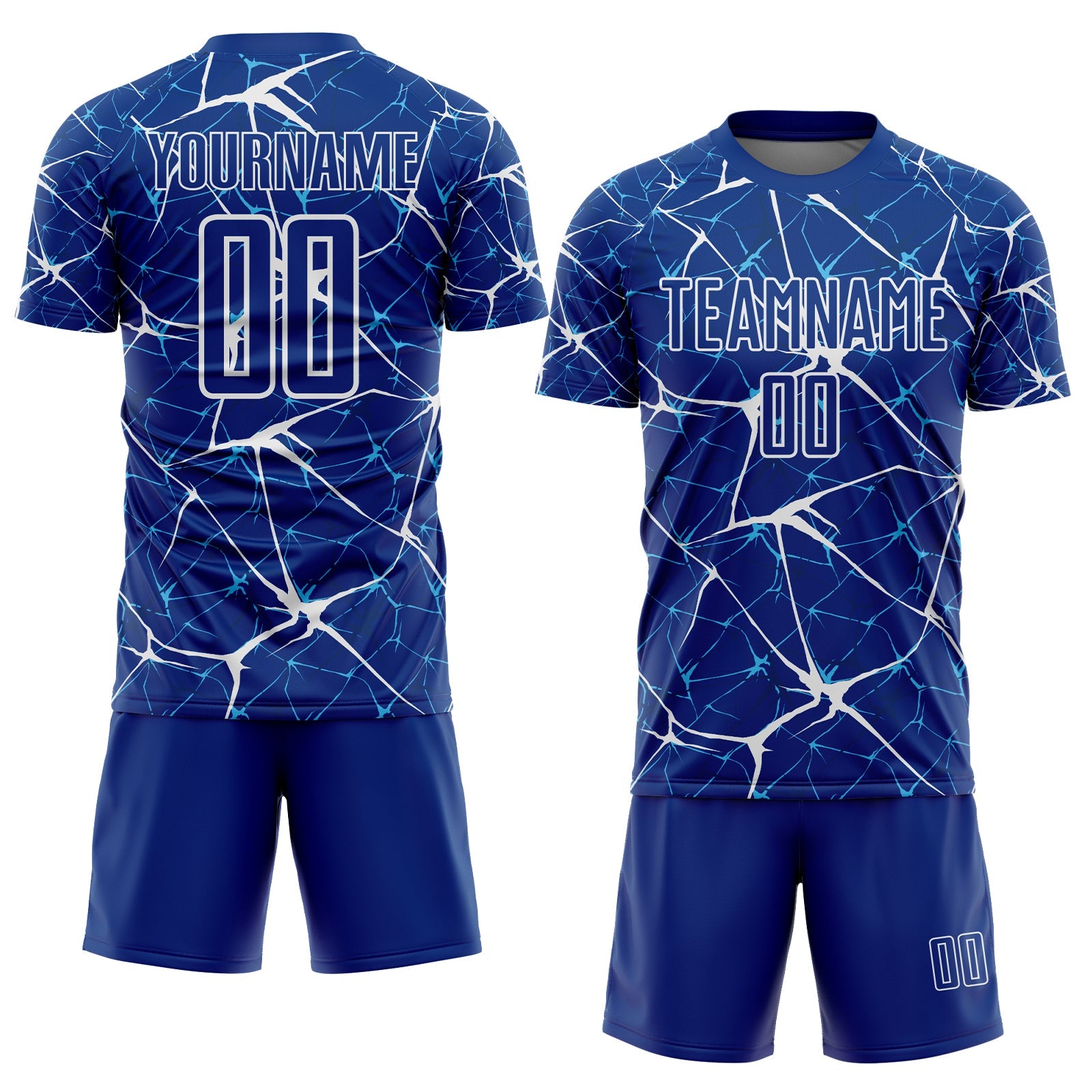 Custom Royal-White Abstract Network Crackle Sublimation Soccer Uniform Jersey view 2