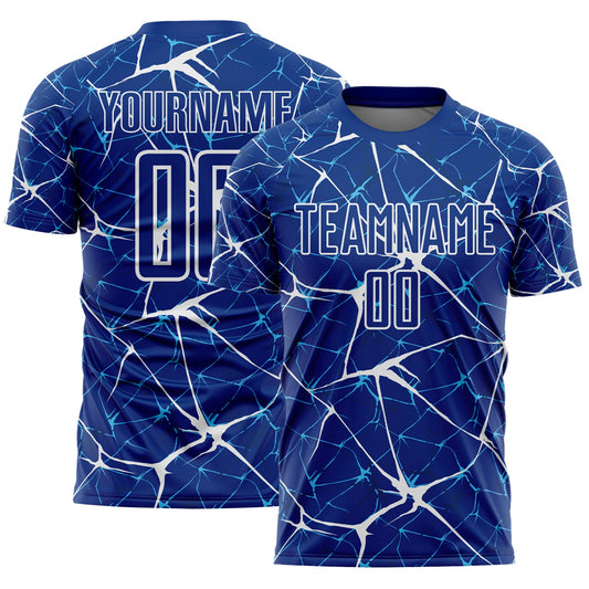 Custom Royal-White Abstract Network Crackle Sublimation Soccer Uniform Jersey - Main View