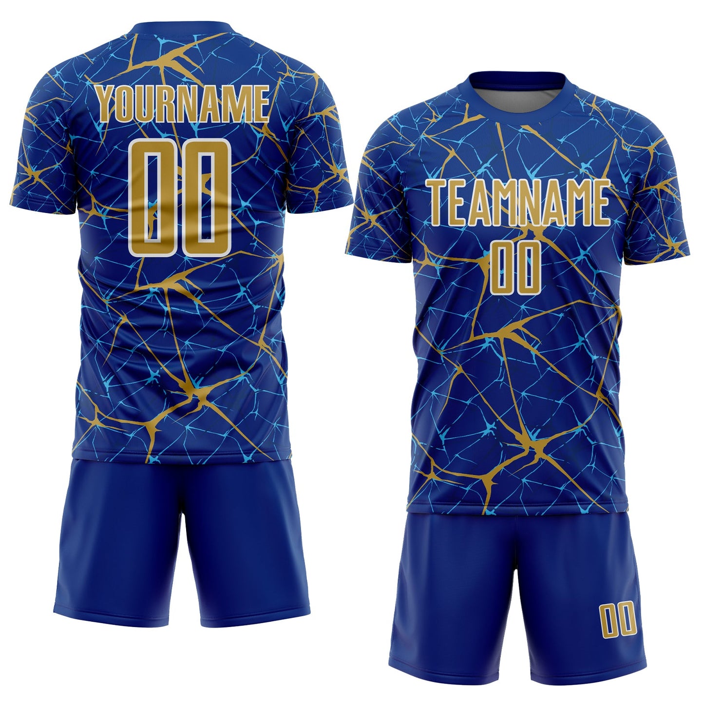 Custom Royal Old Gold-White Abstract Network Crackle Sublimation Soccer Uniform Jersey view 2