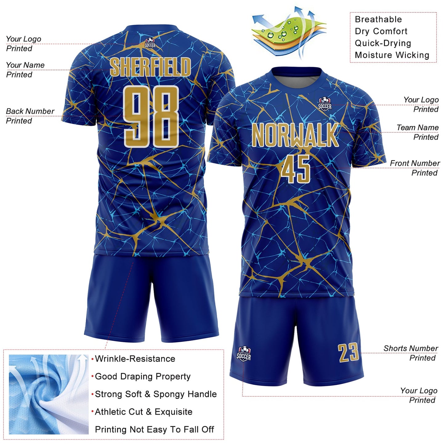 Custom Royal Old Gold-White Abstract Network Crackle Sublimation Soccer Uniform Jersey view 4