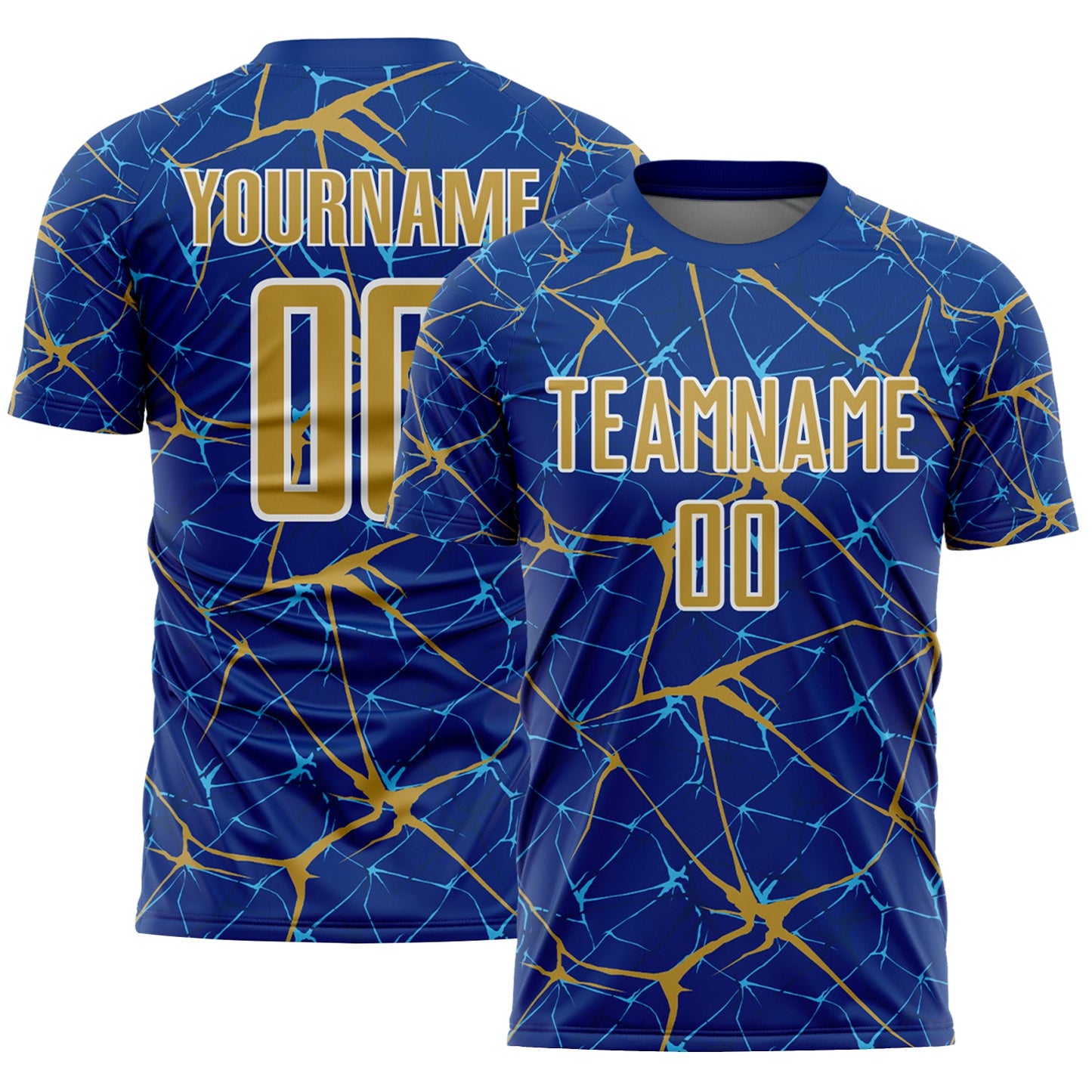 Custom Royal Old Gold-White Abstract Network Crackle Sublimation Soccer Uniform Jersey - Main View