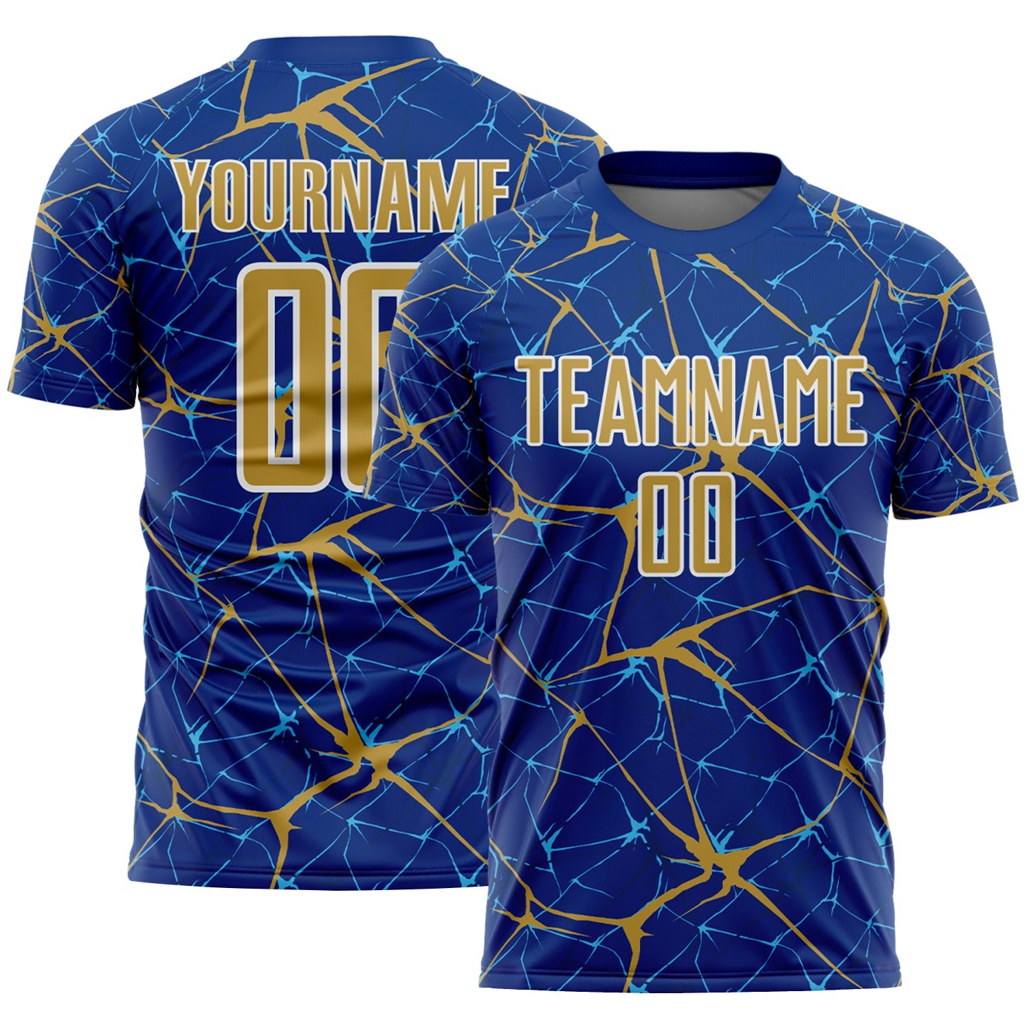 Custom Royal Old Gold-White Abstract Network Crackle Sublimation Soccer Uniform Jersey - Main View