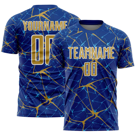 Custom Royal Old Gold-White Abstract Network Crackle Sublimation Soccer Uniform Jersey - Main View